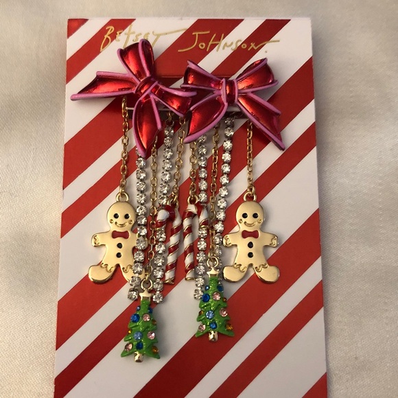 Betsey Johnson Gold Tone Red Metal Bow Front Back Drop Earrings Fringe Accents - Picture 2 of 13